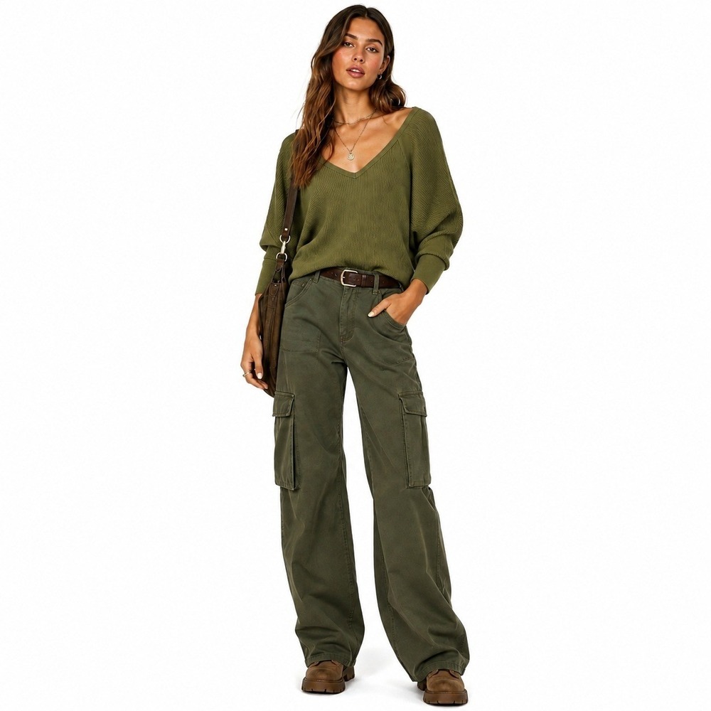 Free People Waffle Knit Top Women S Oversized Deep Vneck Utility Chic Green NWT